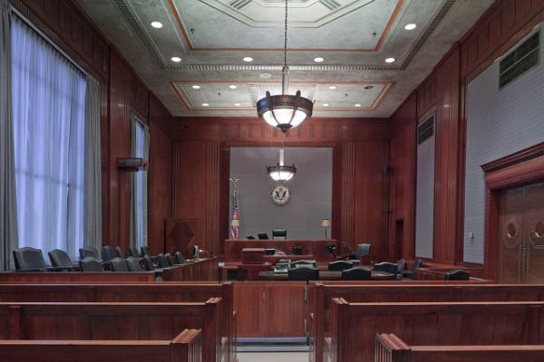 Inside a court room where a nyc legal videographer will playback a videotaped deposition for the jury and judge to watch.